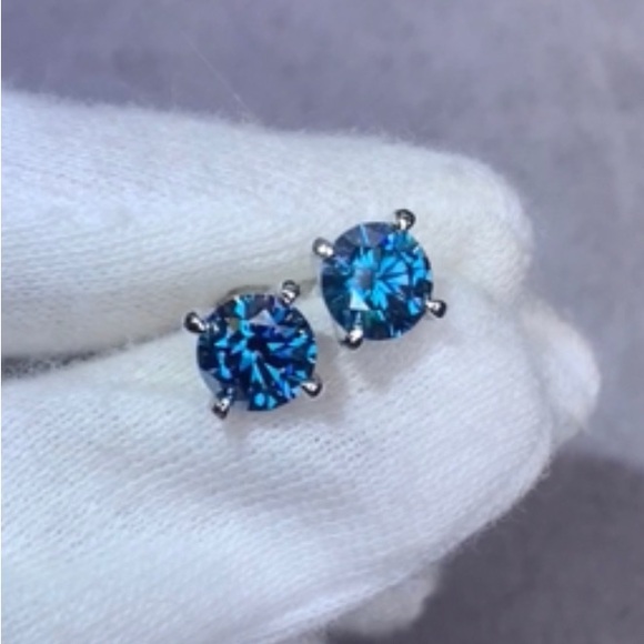 Genuine ~ Certified 2 Carat Bright Blue Diamond 18k White Gold Stud Earrings - Picture 5 of 16